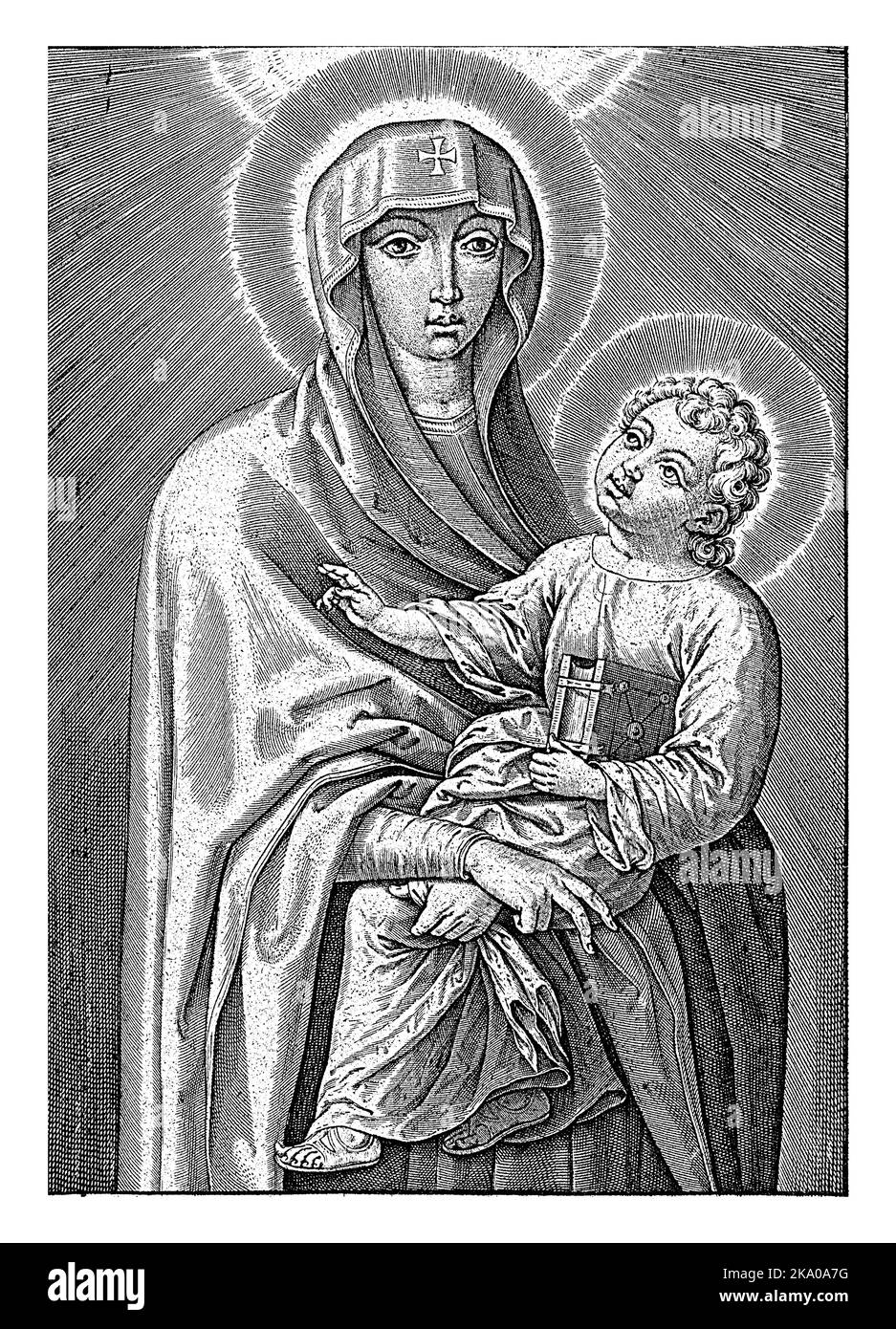 Maria con il Cristo Bambino, Geronymus Wierix, 1563 - 1600 Maria velata porta il Cristo bambino tra le sue braccia. Il Bambino tiene un libro sotto il braccio Foto Stock