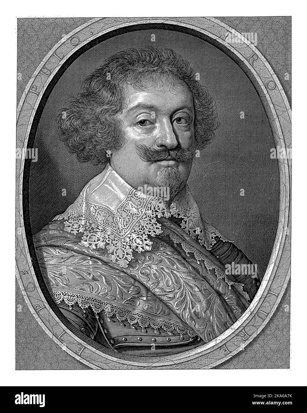 Ritratto di Willem, Conte di Nassau-Siegen, Willem Hondio, dopo Isaac Mijtens, 1630 Ritratto di Willem in un ovale con scritte sul bordo. Cinque righe di Foto Stock