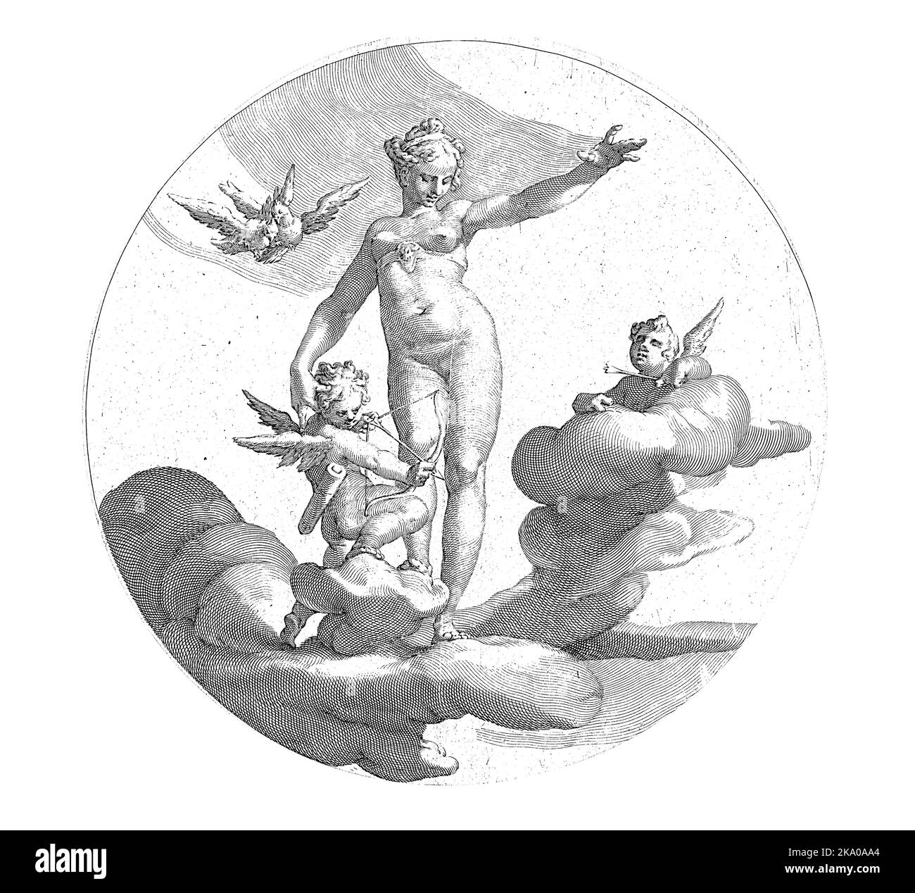 Copertura nuvola con Venere e Amor. Amor vuole sparare a una freccia. Accanto a loro un putto colpito da una freccia e due piccioni. Le prestazioni sono racchiuse in un Foto Stock
