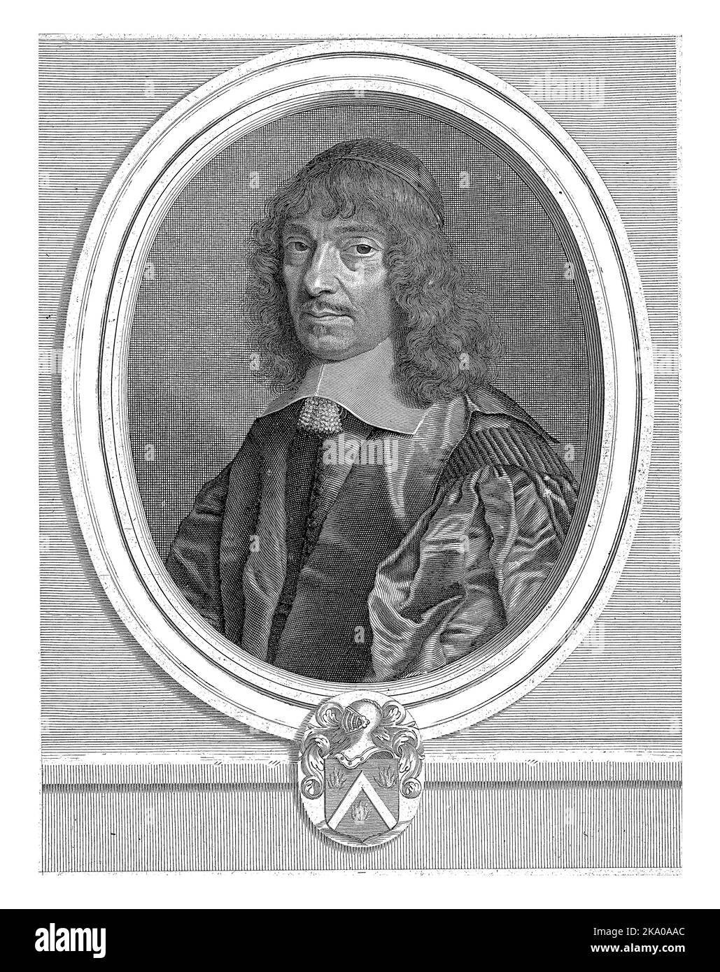 Ritratto del medico Marin Cureau de la Chambre, in una cornice ovale con testo. Stemma sul fondo. Foto Stock