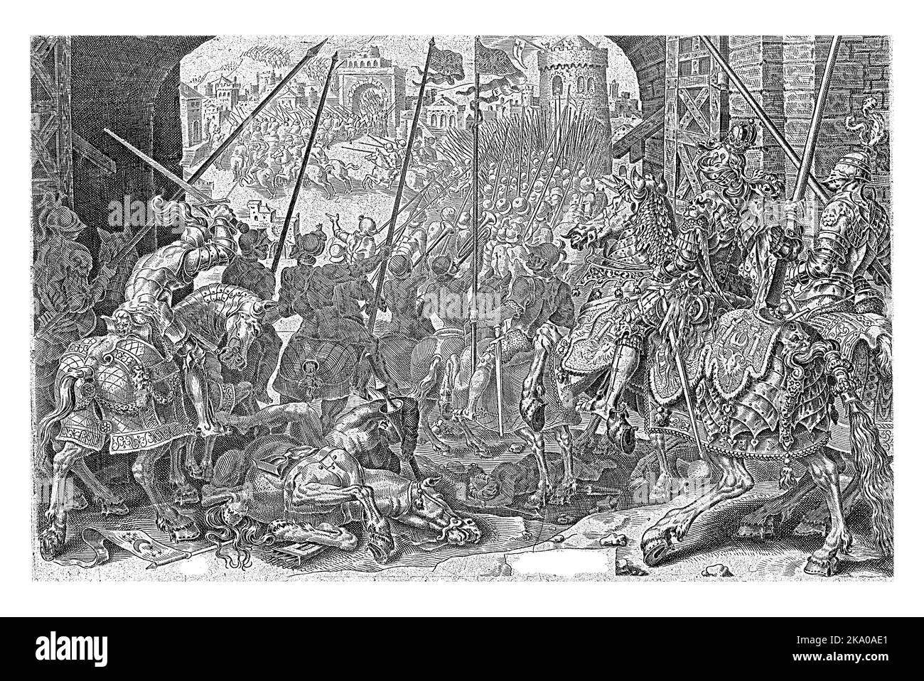 Conquista di Tunisi (1535). Le truppe imperiali entrano in città. A destra Charles V a cavallo. La stampa fa parte di una serie in dodici parti sul vincitore Foto Stock