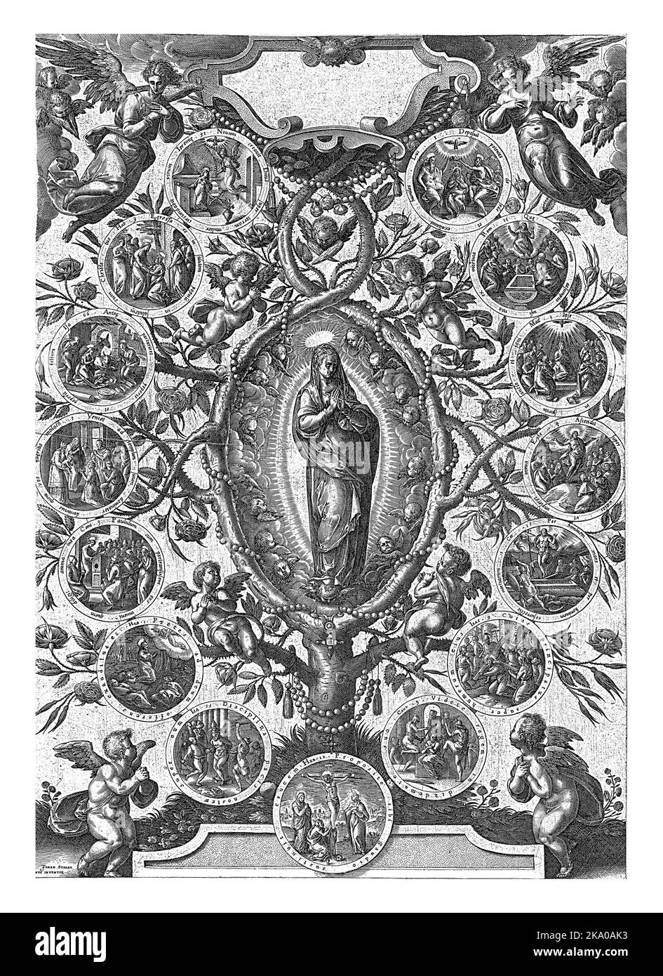 Maria, in mandorla, circondata da cherubini e angeli, racchiusa in un roseto. Sui rami del cespuglio quindici medaglioni raffiguranti la vita di Mar Foto Stock