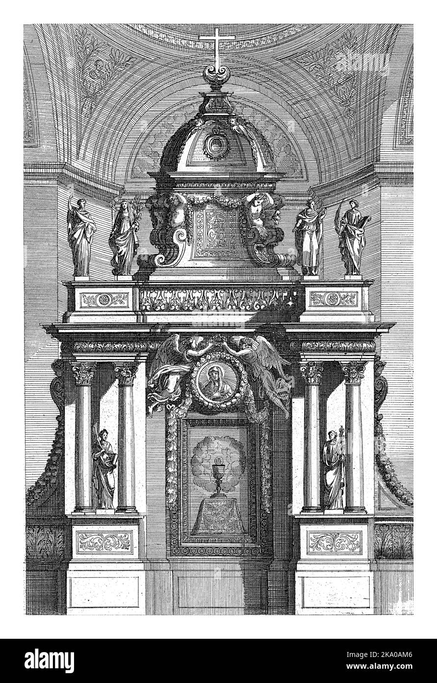 Tabernacolo con calice e ostia, Franz Ertinger, dopo Jean Lepautre, 1650 - 1678 Tabernacolo con calice e ostia. Due angeli tengono una corona di alloro o Foto Stock