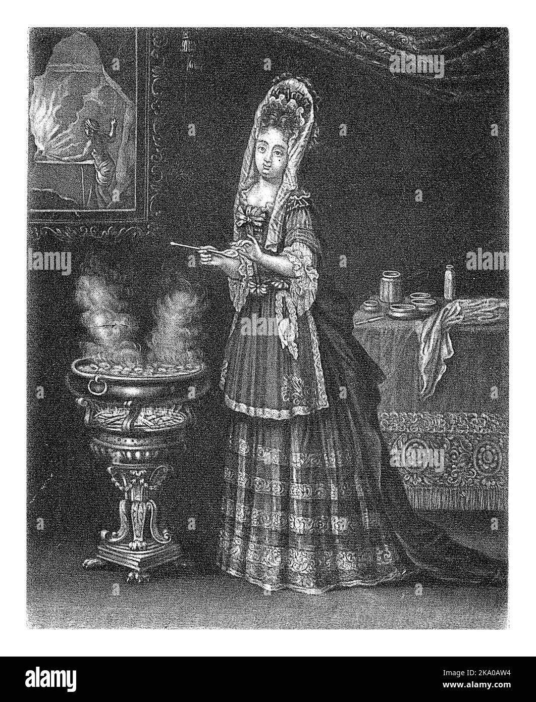 Fuoco, Giacobbe Gole, 1670 - 1724 l'elemento del fuoco. Una giovane donna cuoce poffertjes sul fuoco. Sulla parete è appeso un dipinto in cui un fabbro può b Foto Stock