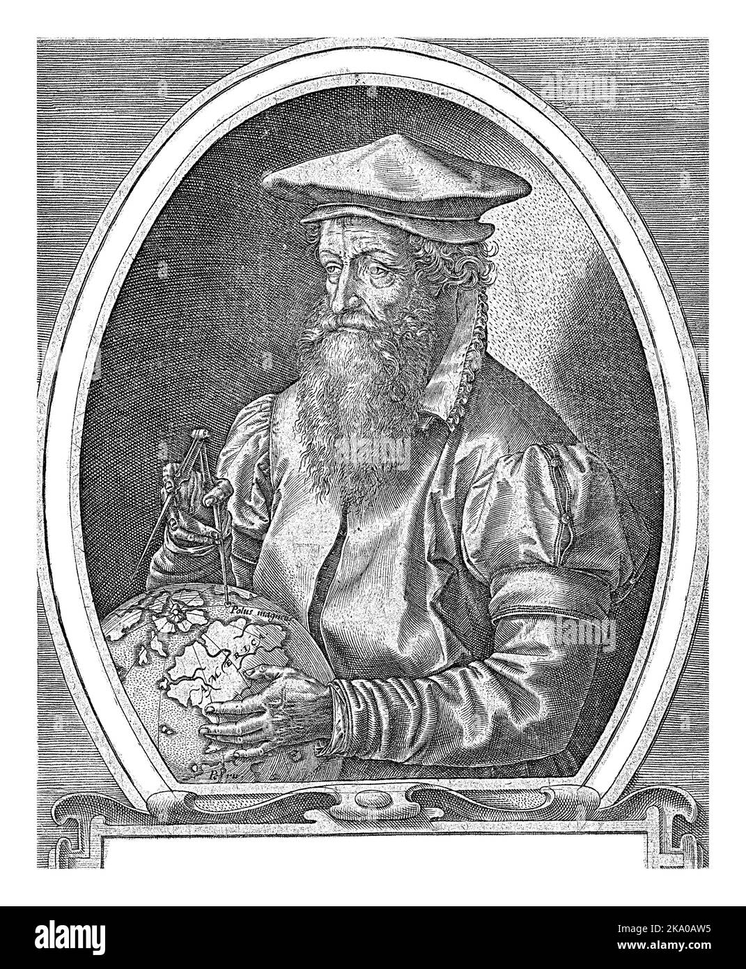 Gerardus Mercator, a metà lunghezza, il suo corpo girò a sinistra; un globo e uno strumento di misura nelle sue mani. Foto Stock