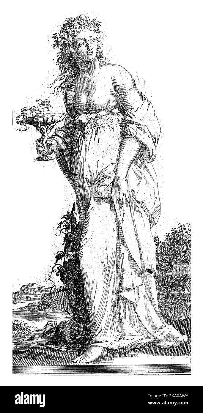 Una figura femminile come personificazione dell'amicizia, tenendo in mano una ciotola di uva. Sul pavimento al suo piede una zucca. Foto Stock