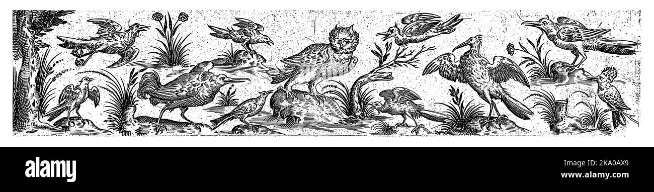 Al centro c'è un gufo, in basso a destra un hoopoe. Foglio 9 dalla serie di 12 fogli numerati. Foto Stock