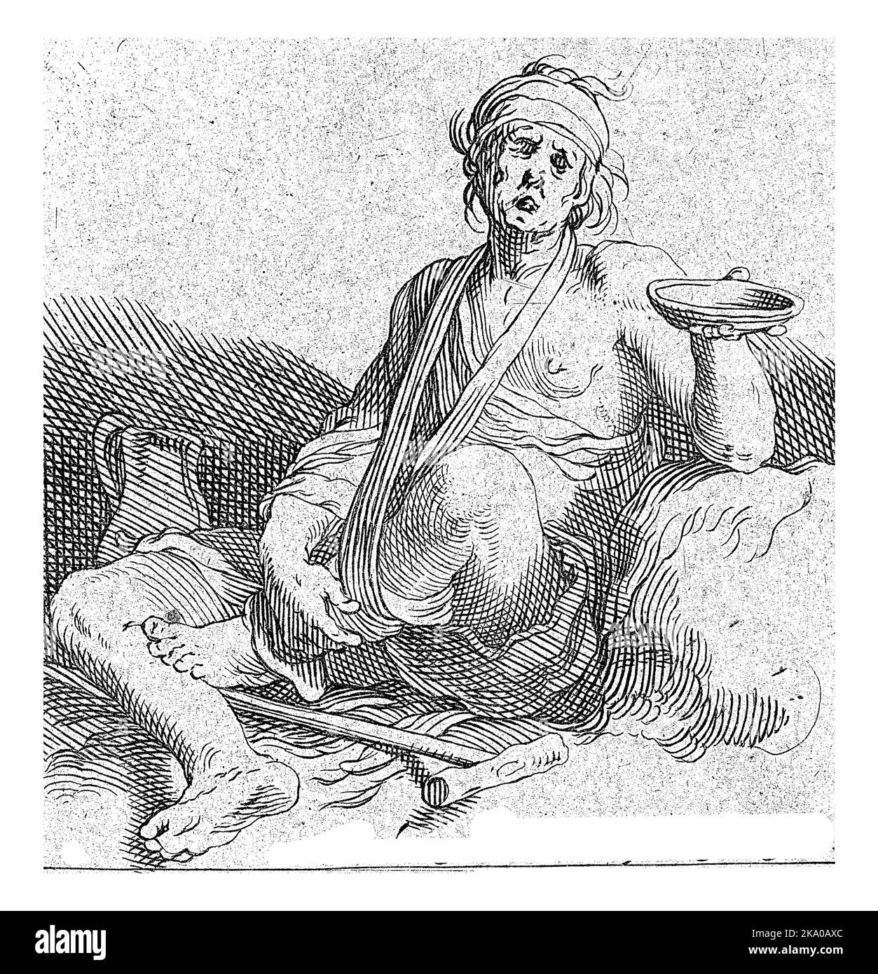 Un mendicante seduto e paralizzato che sorregge una ciotola vuota. Con didascalia latina. Foto Stock