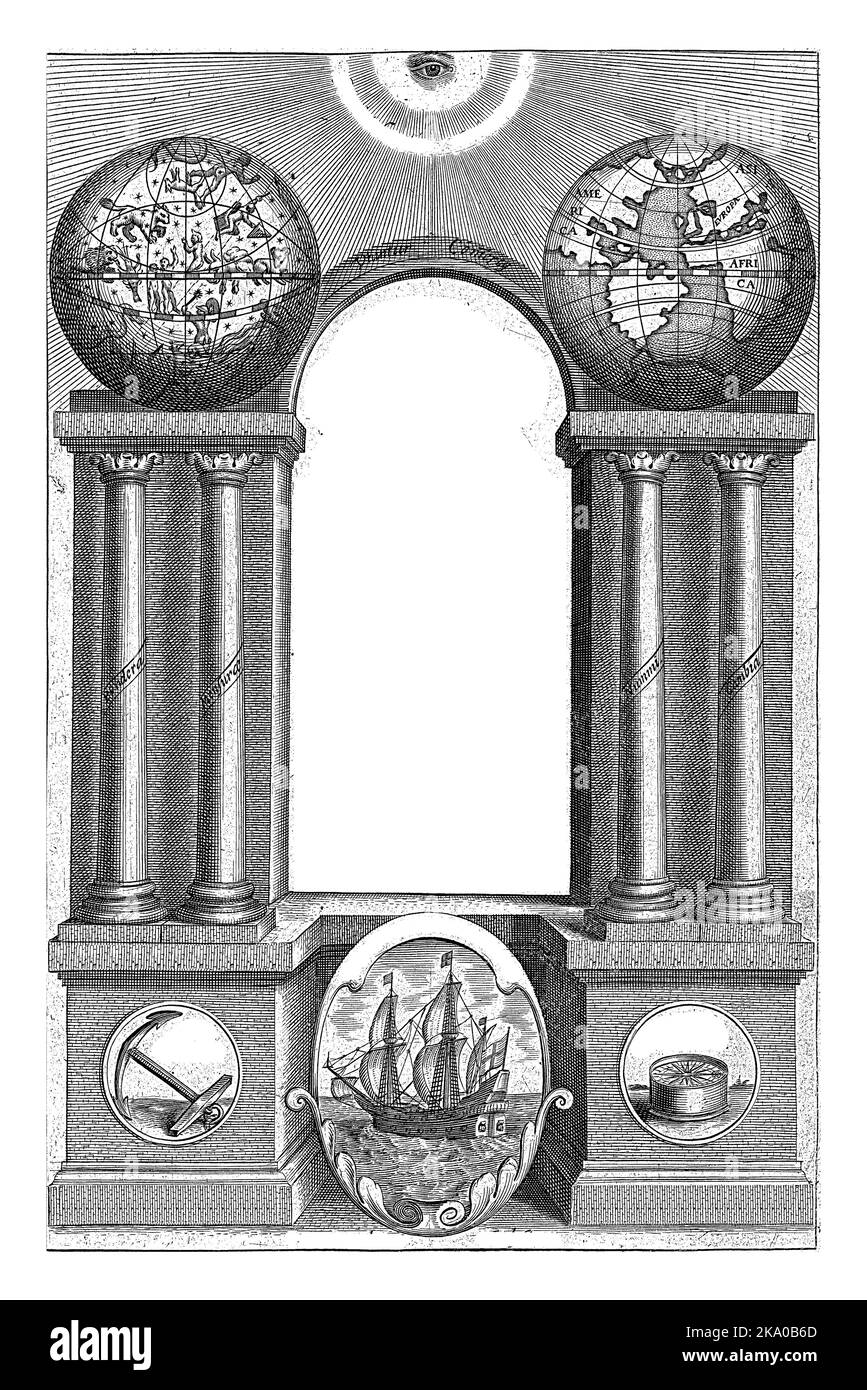 L'occhio di tutti guarda giù sull'architettura coronata da globo mondiale e globo celeste che riposa su colonne su entrambi i lati del titolo Arch, due medallio Foto Stock