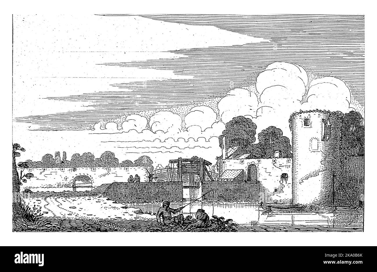 Pescatori a un ponte di un villaggio murato, Jan van de Velde (II), 1616 due pescatori sulla riva di un fiume sul quale un ponte conduce ad un'aneto murato Foto Stock