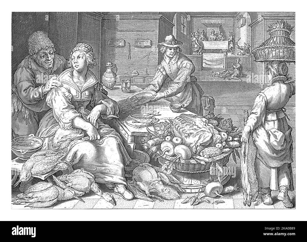 Una cameriera con pollame. Dietro di lei un uomo che mette una mano sulla spalla e un secondo uomo con una ciotola di cozze. Sulla destra una seconda cameriera con Foto Stock