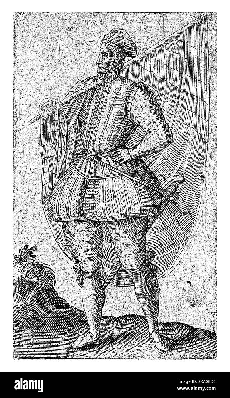 Un arnese o portatore di bandiera in abiti del XVI secolo. Profilo a sinistra. Tiene il suo vessillo sopra la spalla e ha una spada al suo fianco. Foto Stock Un arnese o portatore di bandiera in abiti del XVI secolo. Profilo a sinistra. Tiene il suo vessillo sopra la spalla e ha una spada al suo fianco. Foto Stock