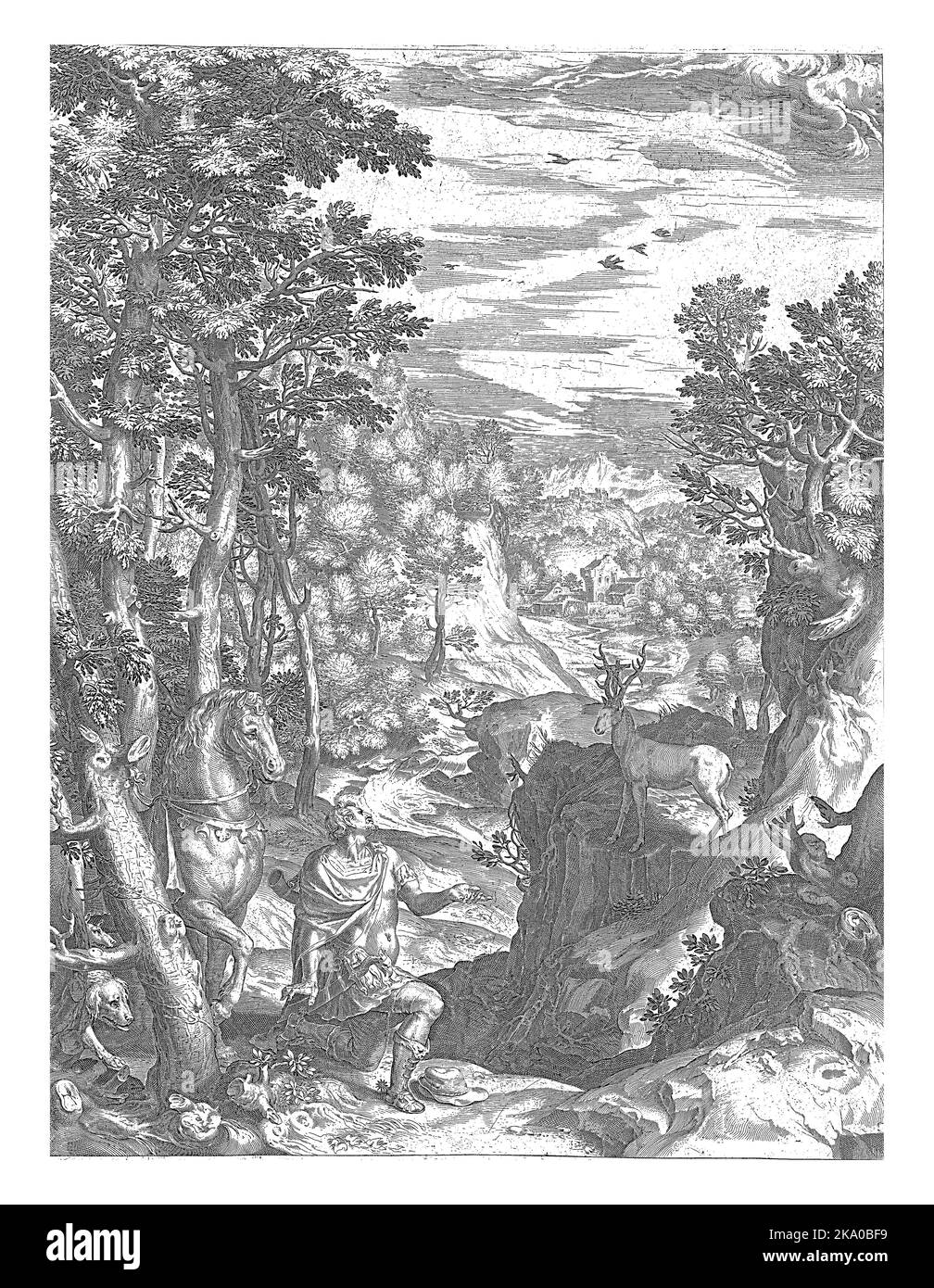 Eustachio appare sulla strada nella foresta, un cervo con un crocifisso nelle sue formiche. Eustachio indossa gli abiti di un soldato romano. Esce dalla sua h Foto Stock