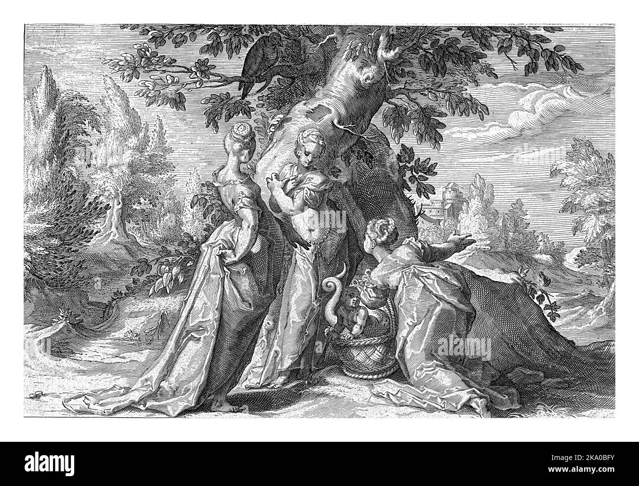 Immaginazione della prima storia raccontata dal corvo Cornix al corvo bianco Corvus. Foto Stock