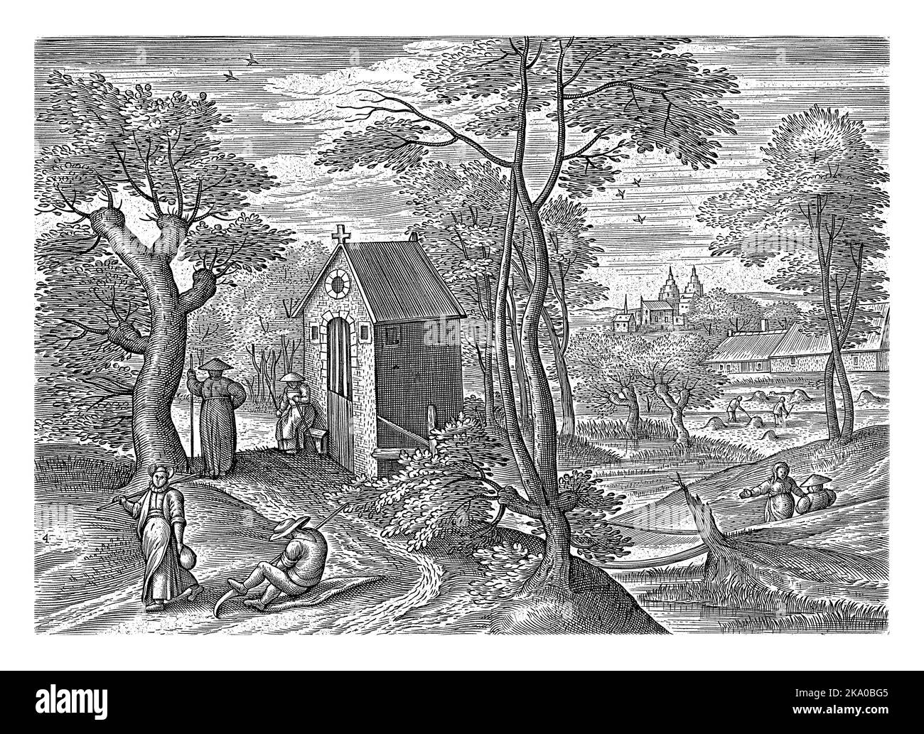 Paesaggio estivo con scene estive. Luglio è il mese della falciatura o del haying. In primo piano, gli agricoltori riposano e affilano le loro falce. Foto Stock