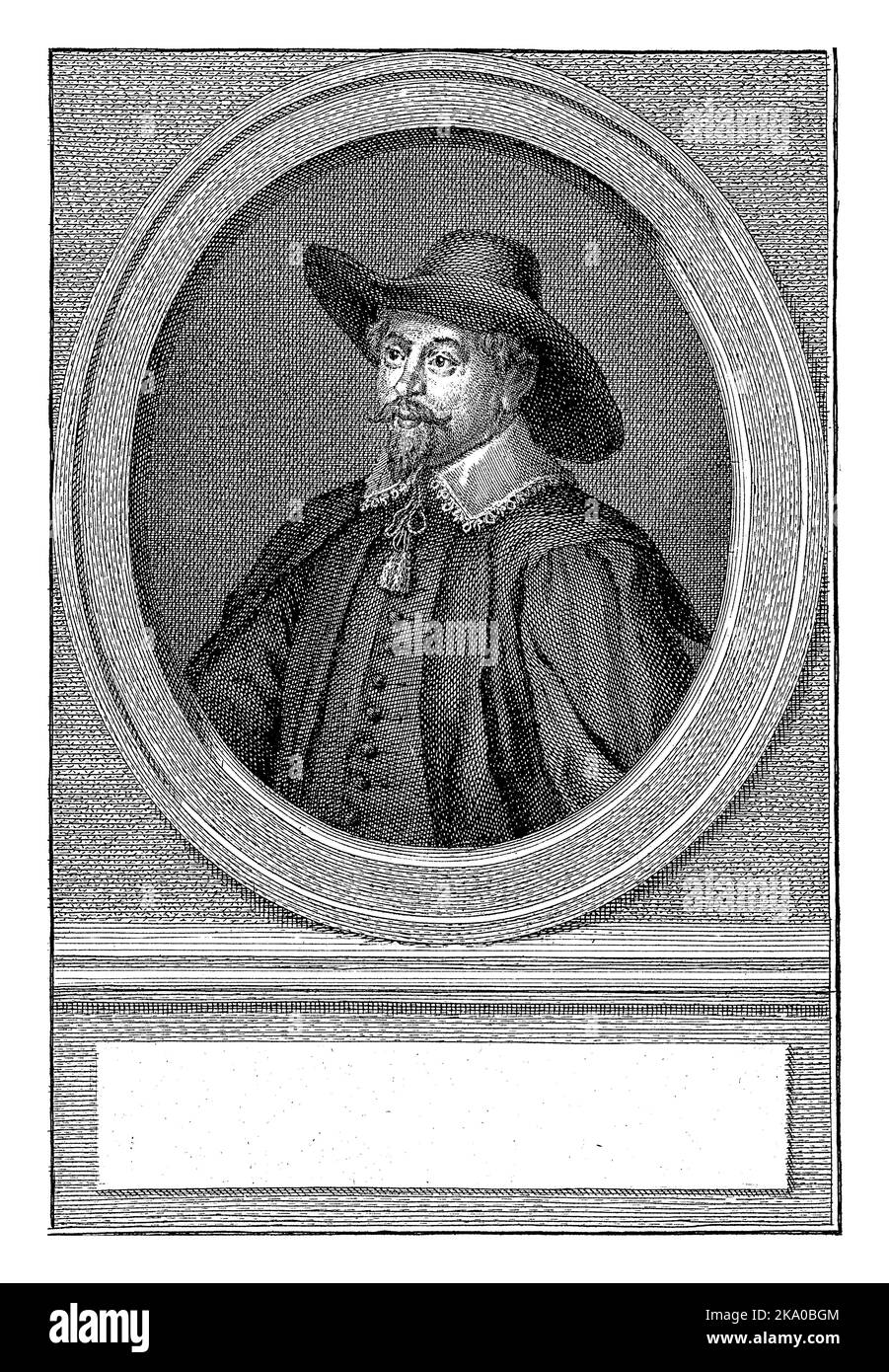 Ritratto del sindaco e consigliere di Amsterdam Nicolaes Tulp in un ovale. Il ritratto poggia su un plinto con un campo vuoto per il suo nome. Foto Stock