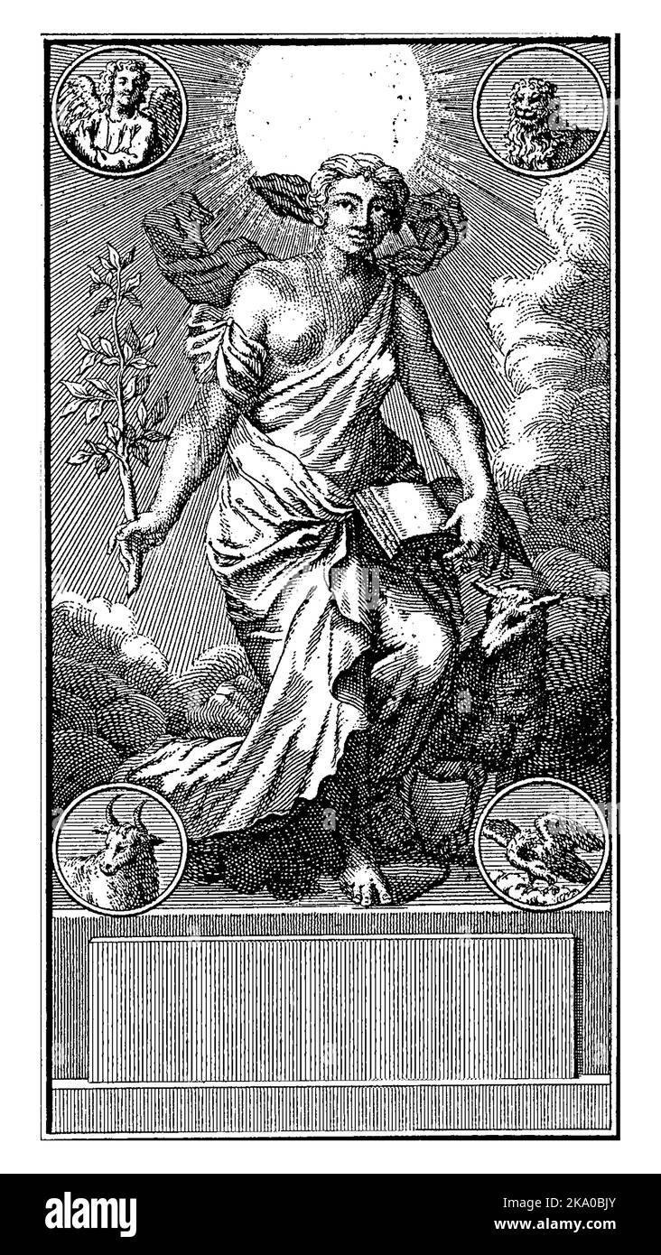 Una figura allegorica femminile con un ramo di ulivo, libro con le sette foche e agnello accanto a lui. Circa quattro medaglioni con le quattro creature di t Foto Stock