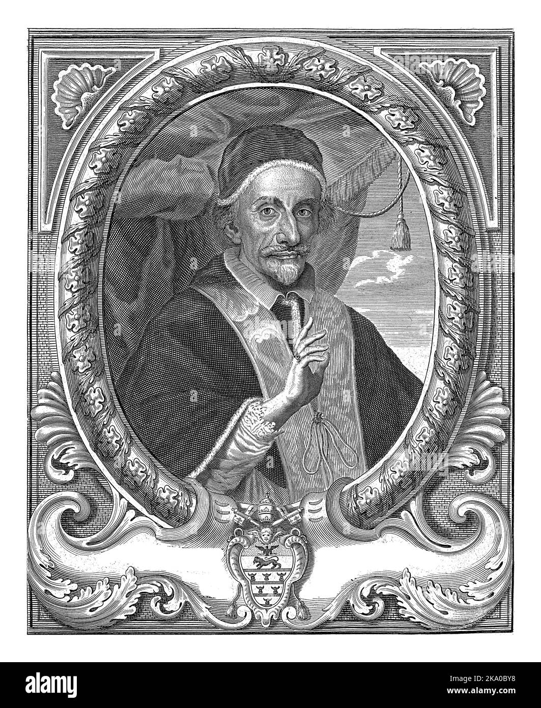 Ritratto in cornice ovale di Papa Innocenzo XI Busto a destra. Centro inferiore una cartouche con lo stemma di Innocenzo XI. Foto Stock