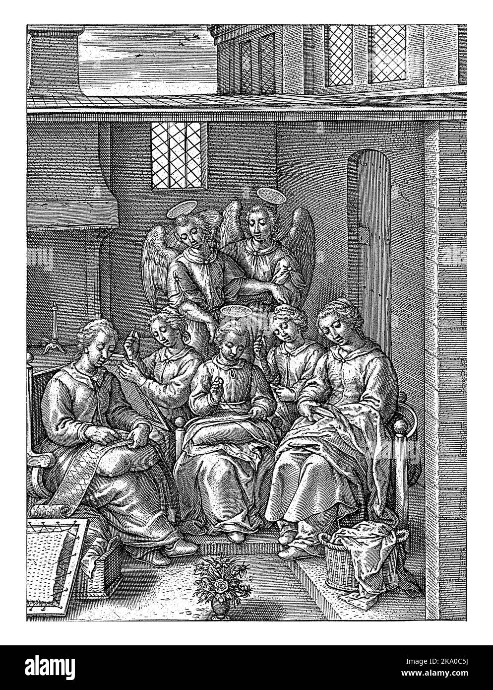 Giovane Maria come marinaio, Hieronymus Wierix, 1563 - prima del 1619 la giovane vergine Maria sta cucendo, insieme ad altre quattro giovani donne. Foto Stock