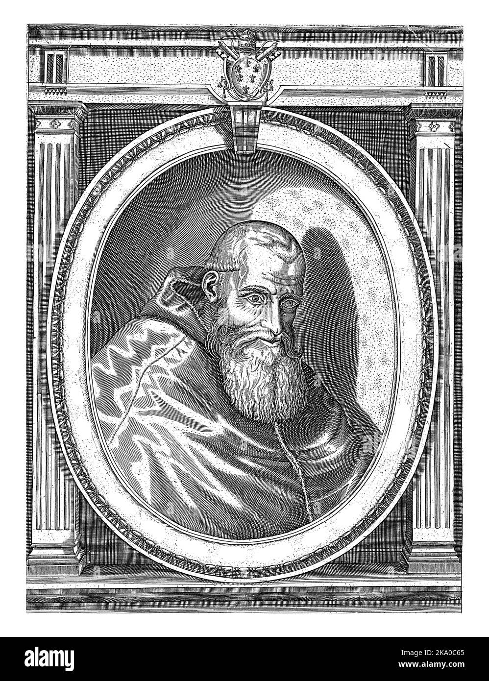 Ritratto di Papa Paolo III vestito di abiti papali. Busto a destra in una cornice ovale con scritta sul bordo. Il suo stemma papale è raffigurato sopra Foto Stock