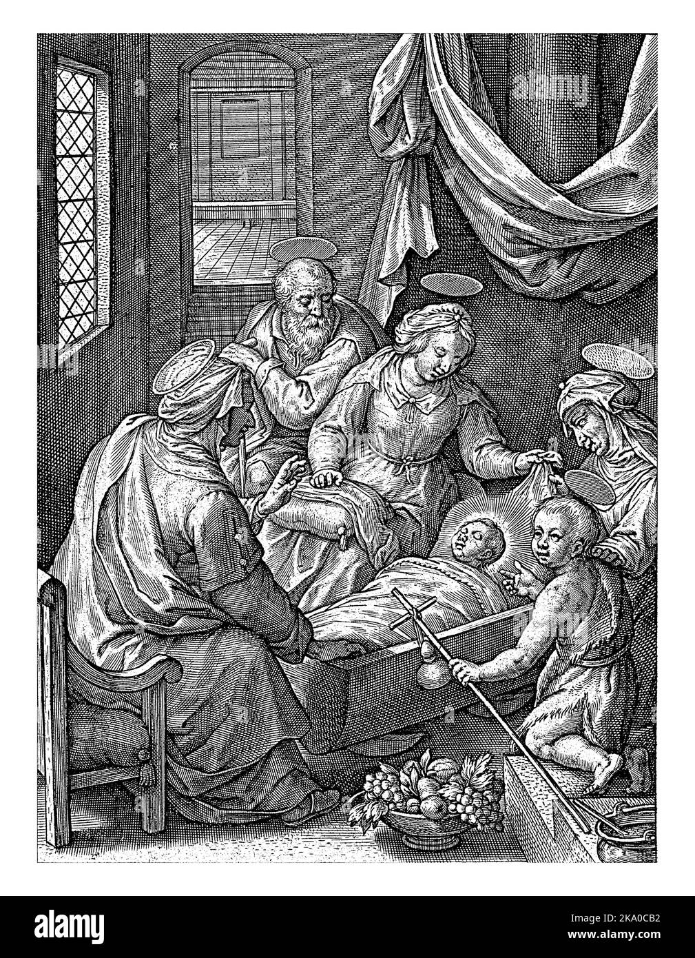 Cristo Bambino dorme nella culla, Geronymus Wierix, 1563 - prima del 1619 il Cristo Bambino dorme pacificamente nella sua culla. Maria, Giuseppe, Anna, tu Foto Stock