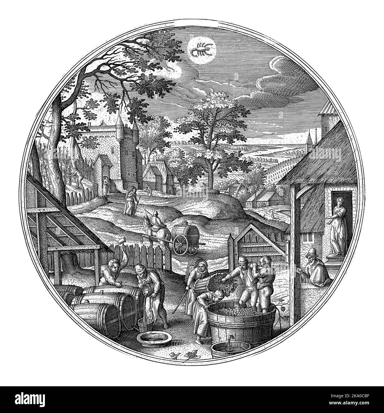 Ottobre, Adriaen Collaert, dopo Hans Bol, 1578 - 1582 cornice rotonda con un paesaggio autunnale e scene autunnali. Ottobre è il mese del vino. Foto Stock