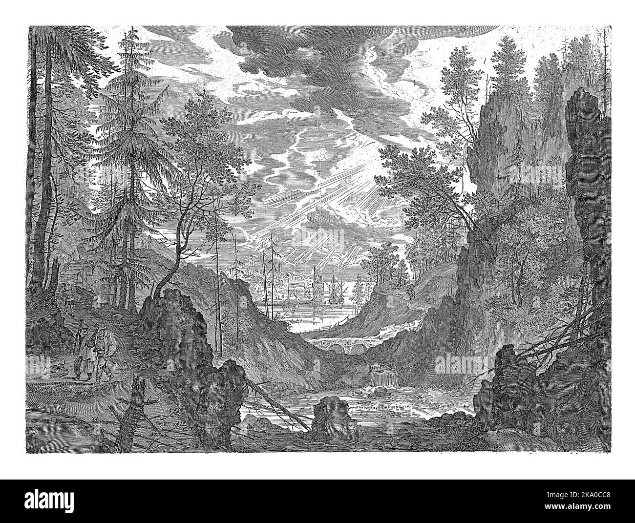 Paesaggio forestale da un fiume con una cascata. A sinistra sulla banca due viaggiatori e un cane. Una città in lontananza. Terza stampa di una serie in sei parti Foto Stock