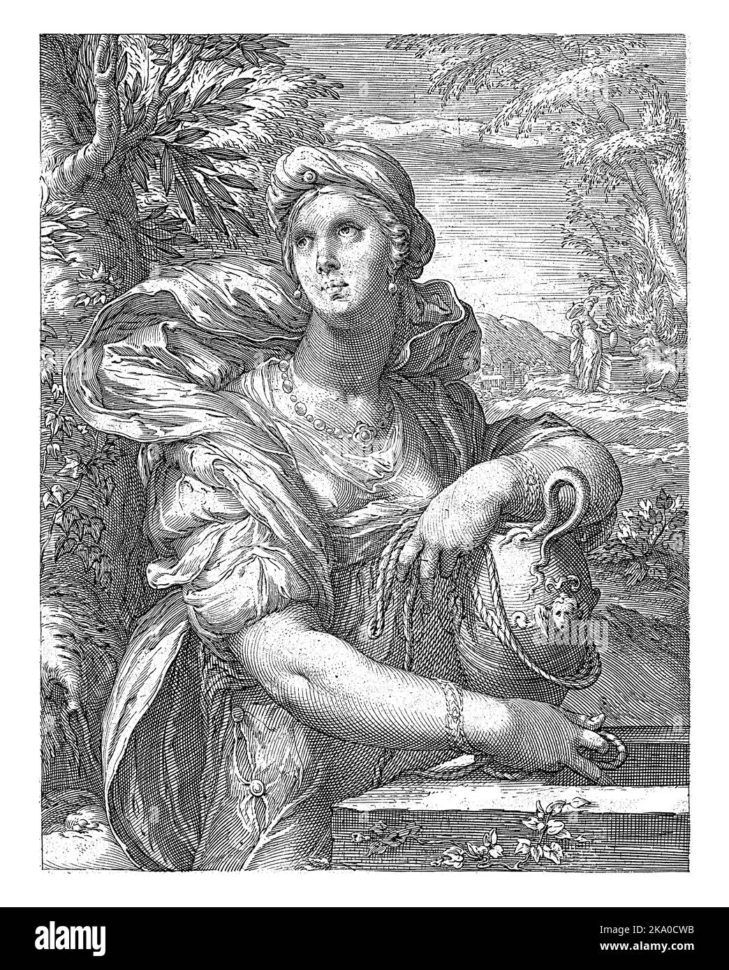 La Samaritana al pozzo, una brocca d'acqua in mano. Sullo sfondo l'incontro tra Cristo e la Samaritana al pozzo. Foto Stock