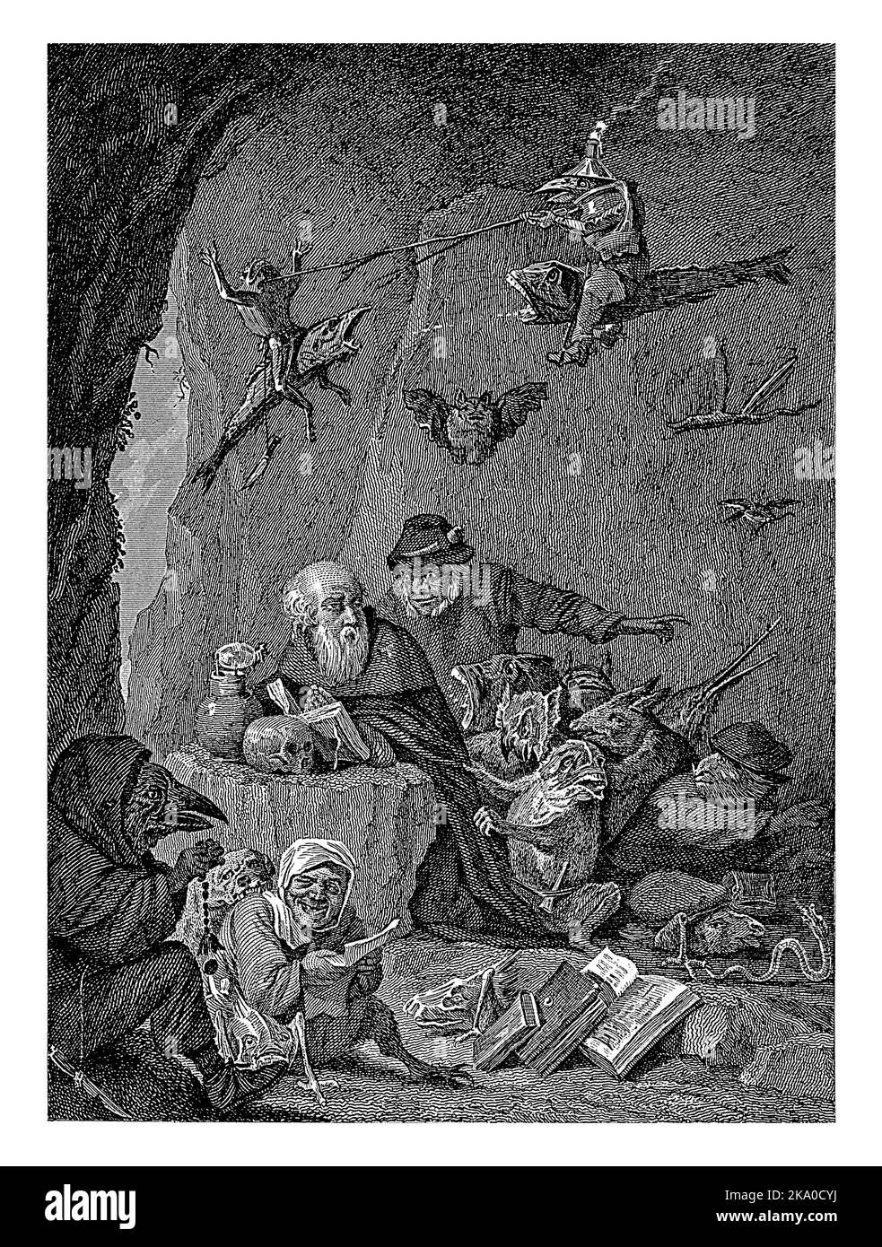 Sant'Antonio si inginocchia a pregare in una grotta. Su un masso di fronte a lui giacciono un libro e un cranio. Intorno a lui volare, camminare e sedersi demoni nella forma di vinto Foto Stock