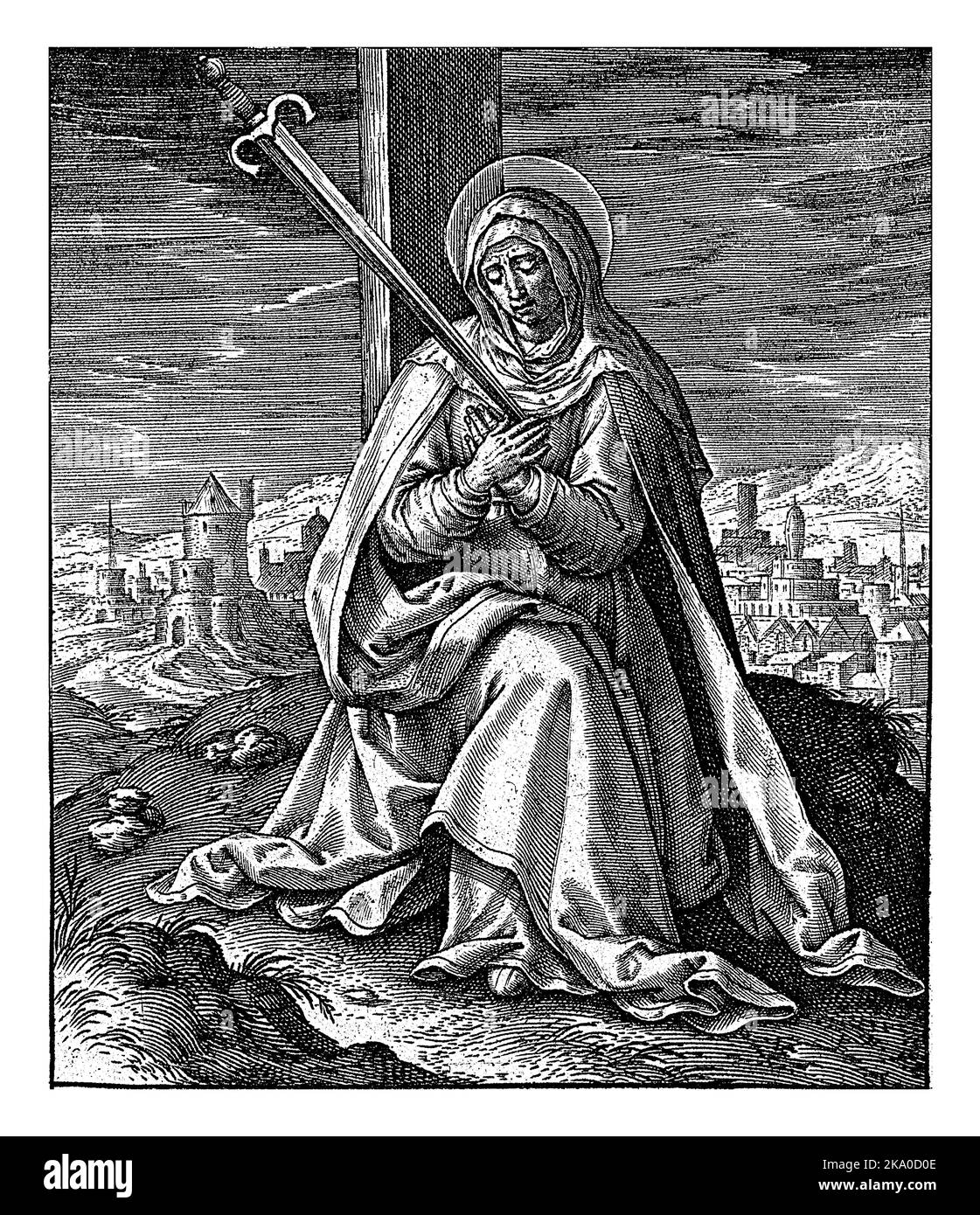 Maria come Mater dolorosa, Hieronymus Wierix, 1563 - prima del 1619 Maria si siede con una spada nel petto ai piedi della croce vuota. Sullo sfondo a Foto Stock