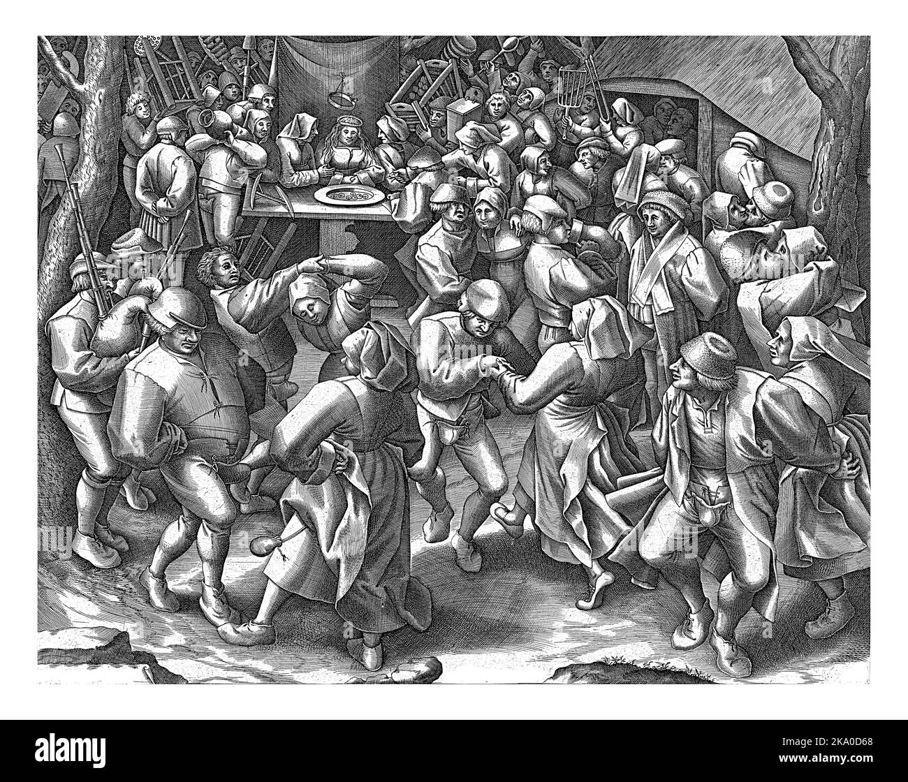 Diverse coppie che ballano in un matrimonio contadino. Sullo sfondo la sposa, seduta dietro una ciotola di monete. Gli ospiti portano regali e denaro. Foto Stock