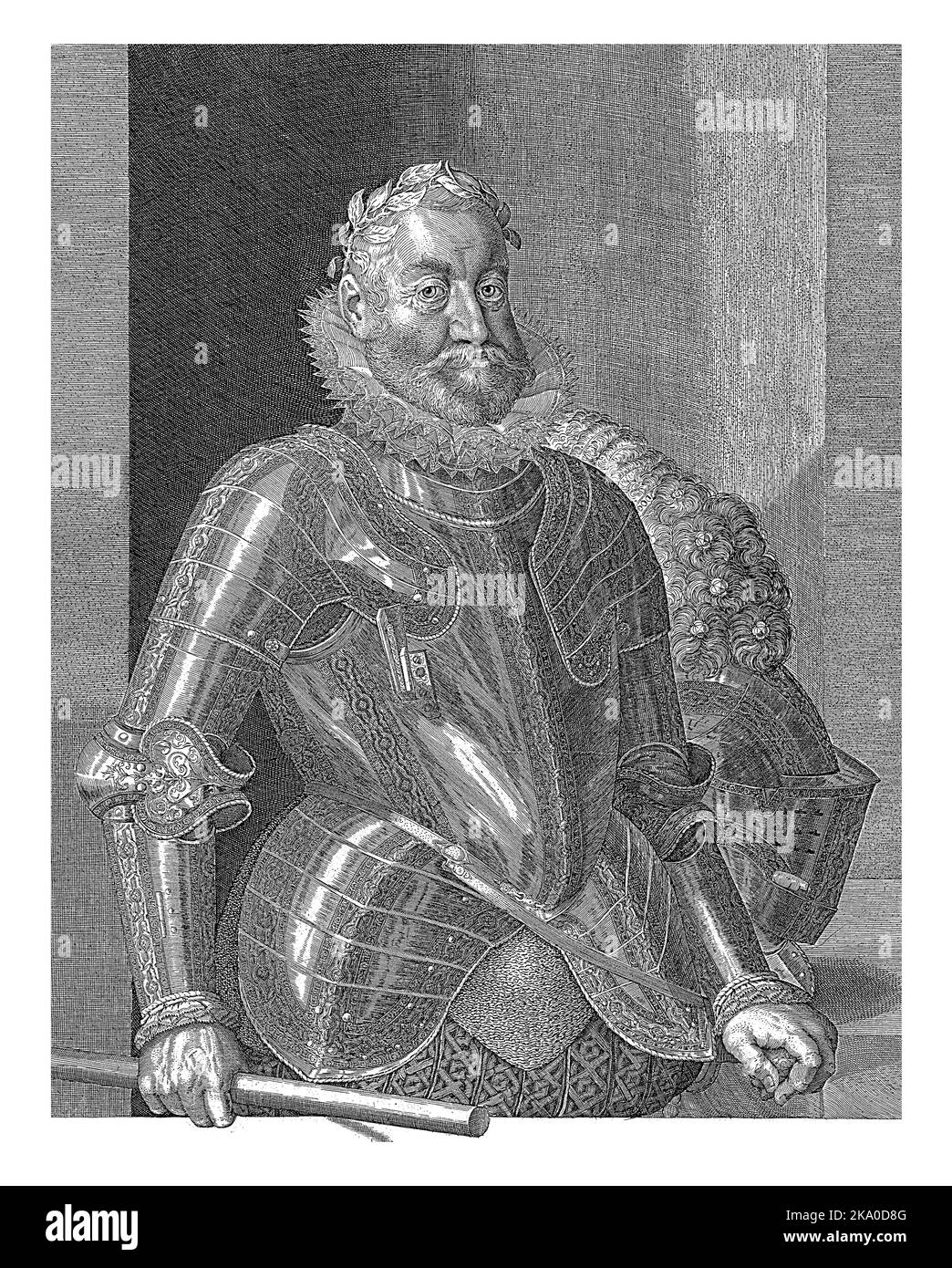 Rudolf II, imperatore del Sacro Romano Impero in armatura, in piedi accanto al tavolo. Nella sua destra un bastone, nella sua sinistra una spada. Con una dedica latina all'imperatore Foto Stock