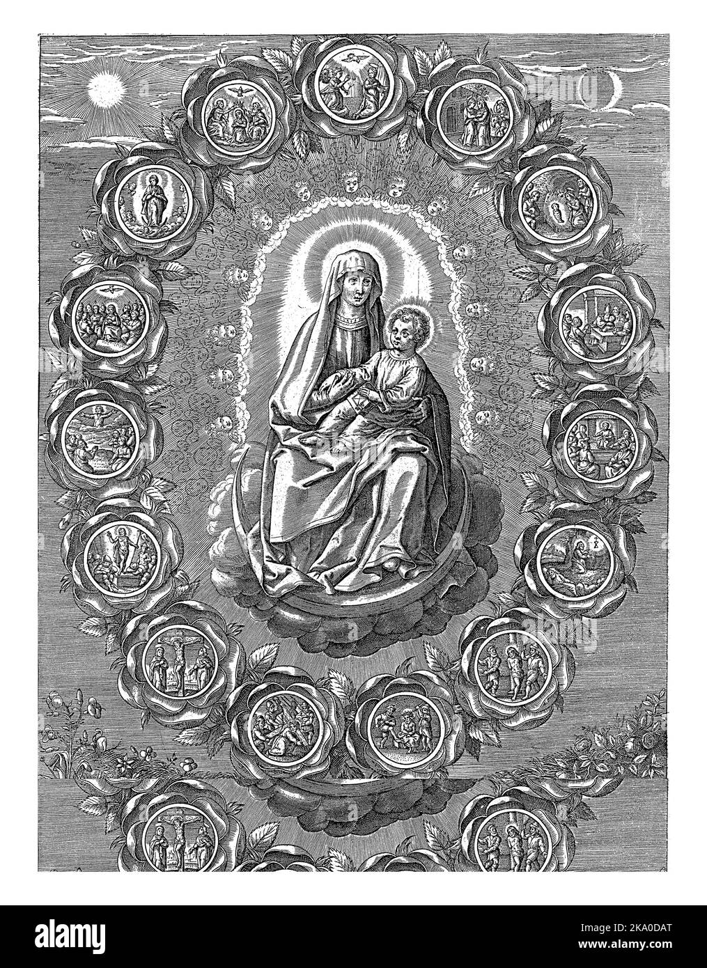 Maria intronizzata con il Cristo bambino. Intorno ad una corona di quindici rose. Ognuna delle rose raffigura un passaggio dal Vangelo, i quindici segreti o Foto Stock