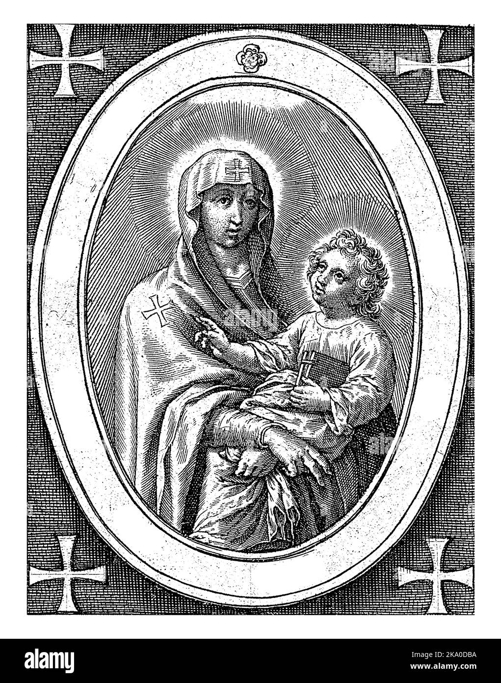 Maria con il Cristo Bambino, Antonie Wierix (II), 1565 - prima del 1604 Maria velata porta il Cristo Bambino tra le sue braccia. Il bambino può contenere un libro al di sotto di Foto Stock