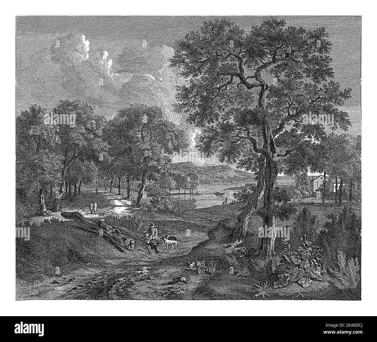 Dune paesaggio fuori Haarlem con un lago sullo sfondo. In primo piano un cacciatore riposante con due cani da caccia. Foto Stock