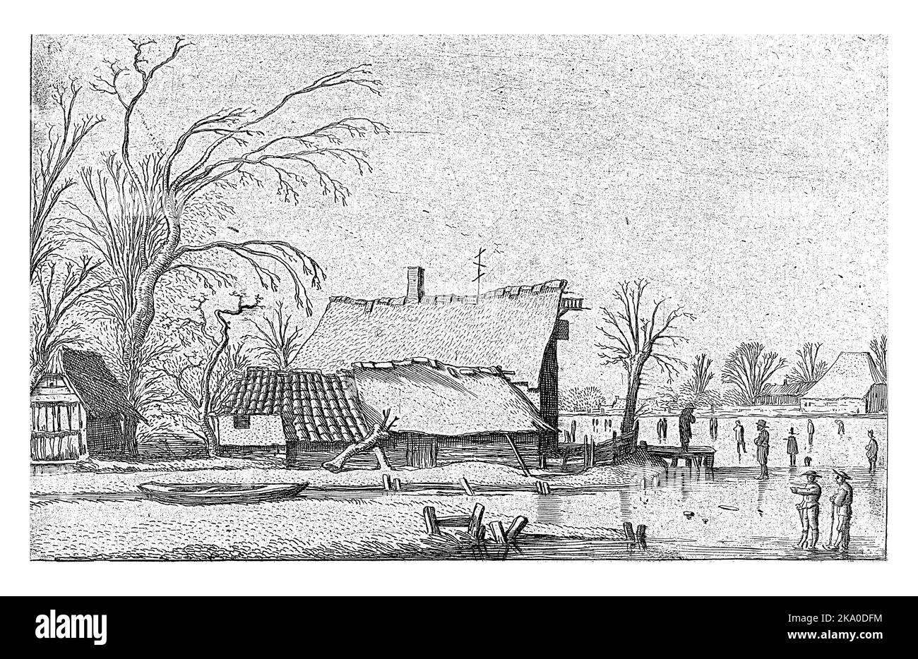 Fattoria di un fiume congelato con pattinatori, Esaias van de Velde, 1616, annata incisa. Foto Stock