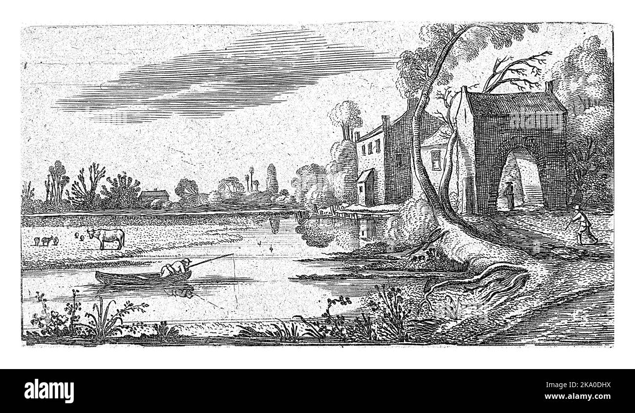 Paesaggio con un fiume e Gatehouse, Esaias van de Velde, 1613 - 1617 Foto Stock