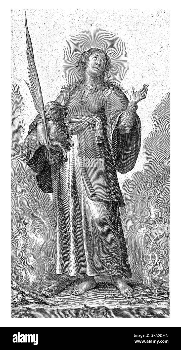 Sant'Agnese con Agnello in piedi tra rami Burning, Pieter de Bailiu (i), 1623 - 1660, annata incisa. Foto Stock