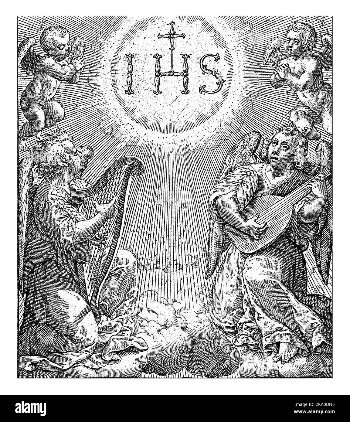 Adorazione del nome di Cristo, Hieronymus Wierix, 1563 - prima del 1619 quattro angeli, due dei quali sono musicisti, adorano il monogramma gesuita, IHS, con un Foto Stock