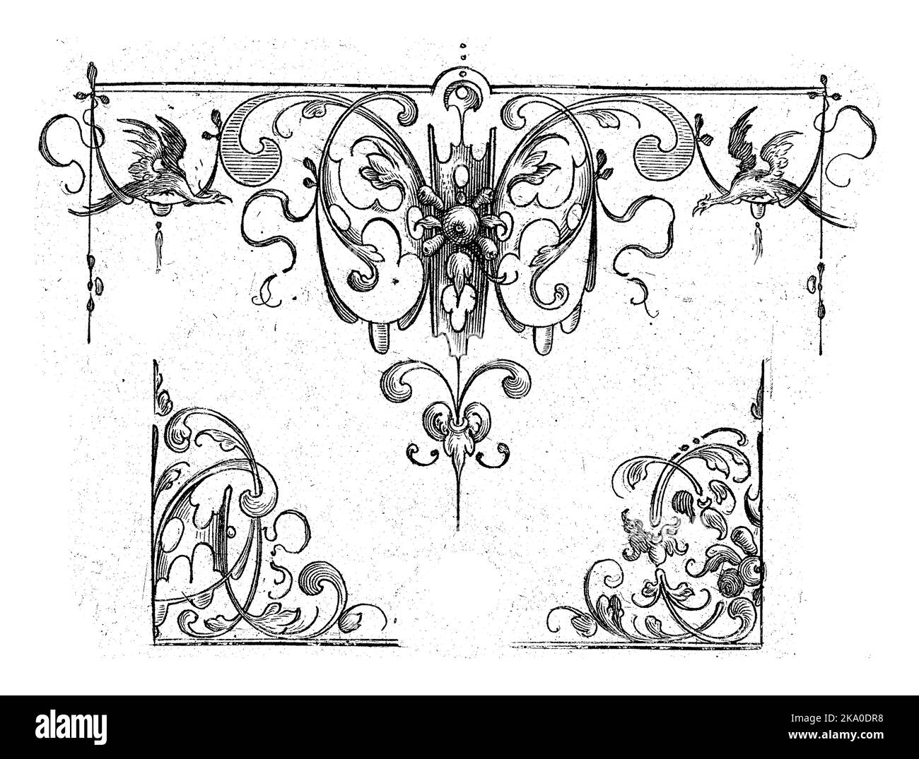 Foglio 12 da una serie di 14 fogli con esempi di bordi decorativi incisi di coppe in forma di triangoli costituiti da tendri, Schweifwerk, Foto Stock