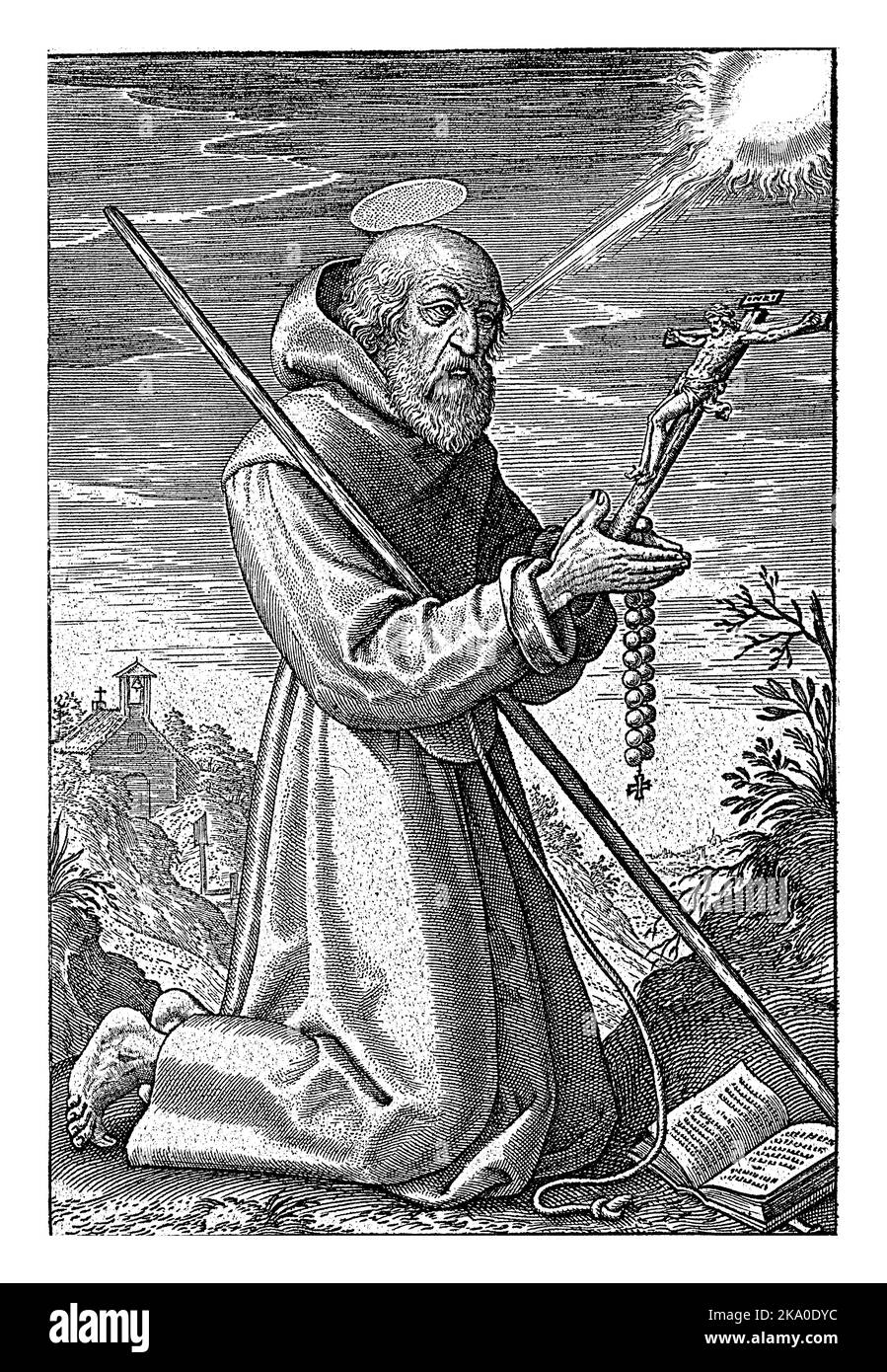 Paesaggio con San Francesco di Paola, Hieronymus Wierix, 1563 - prima del 1619 San Francesco di Paola si inginocchia davanti ad un libro aperto, tenendo un crocifisso an Foto Stock