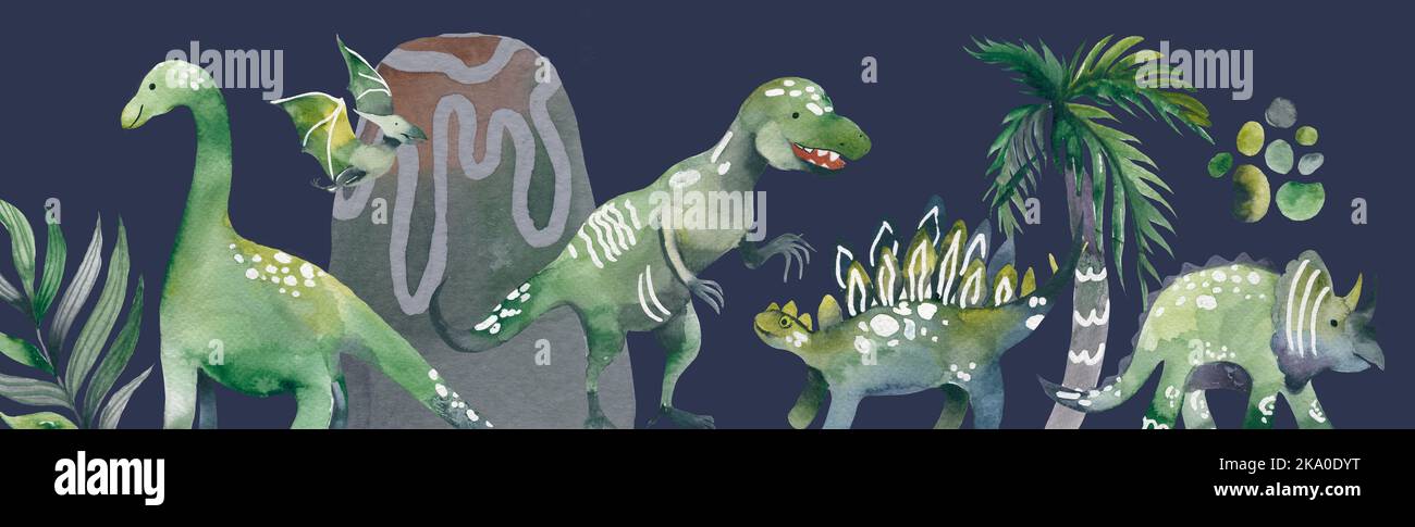 Modello Dinosaurs acquerello. Banner orizzontale con Dinosauri e foglie tropicali. Design dei bambini annegati a mano Foto Stock