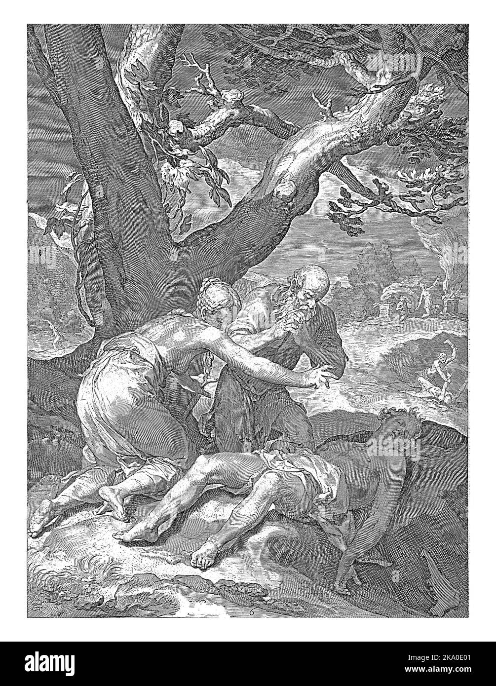 Adamo ed Eva trovano Abele morto nel sito sacrificale. Entrambi sono in ginocchio davanti al cadavere e al lutto del figlio. Foto Stock