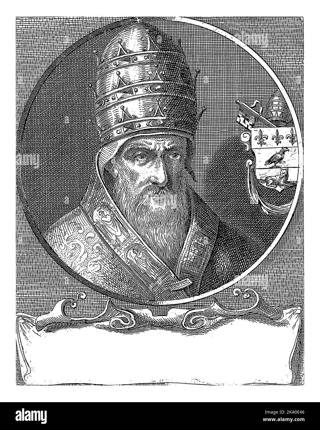 Ritratto di Papa Innocenzo XI rivestito con vesti papali e testa ornata con la tiara papale. A destra il suo stemma papale. Busto a destra in Foto Stock