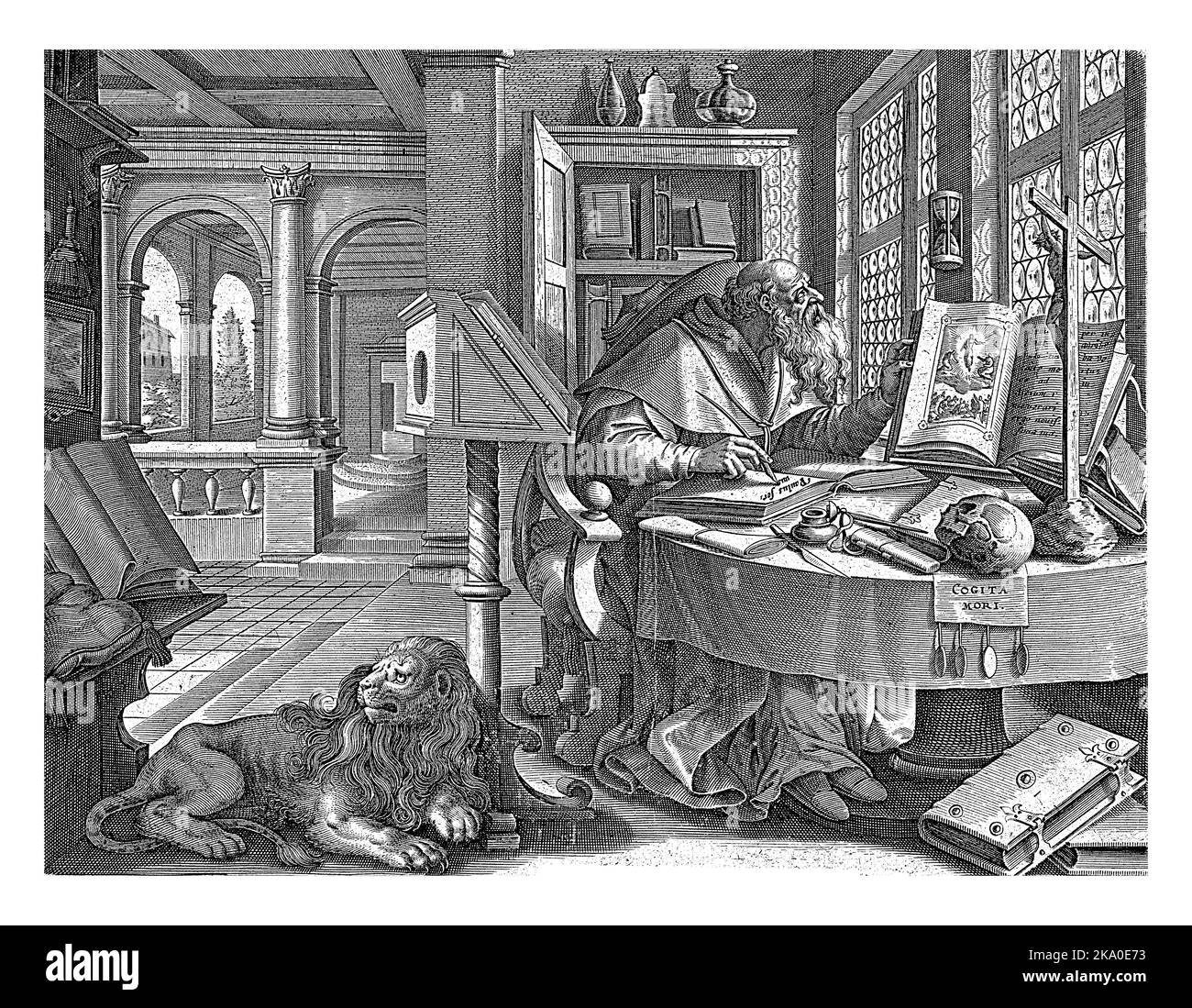 Chiesa Padre Hieronymus, Antonie Wierix (II), dopo Maerten de Vos, 1585 San Hieronymus è al lavoro nel suo studio. Guarda una Bibbia aperta e scrive Foto Stock