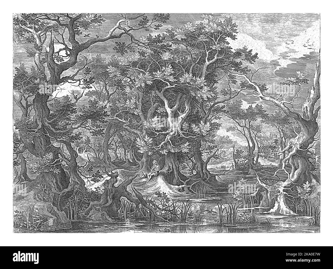 Paesaggio paludoso boscoso con Giovanni Battista seduto sotto un albero. Nella sua mano sinistra Johannes tiene una croce di vimini, accanto a lui c'è un agnello. Nella Foto Stock