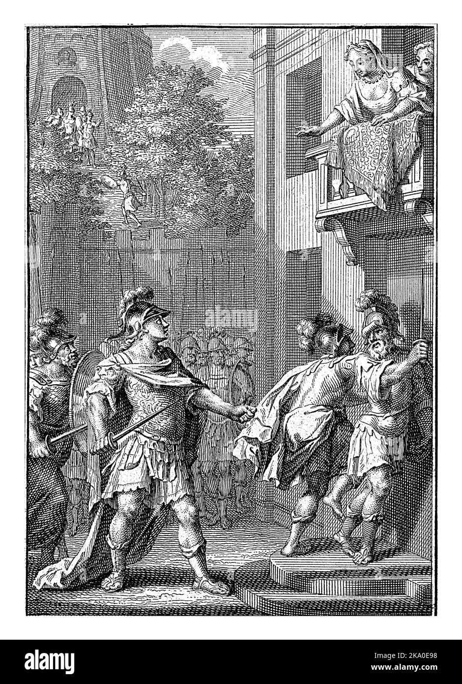 Il generale Agrippa guarda una donna in piedi sul balcone. I soldati cercano di entrare nella sua casa attraverso la porta. Foto Stock