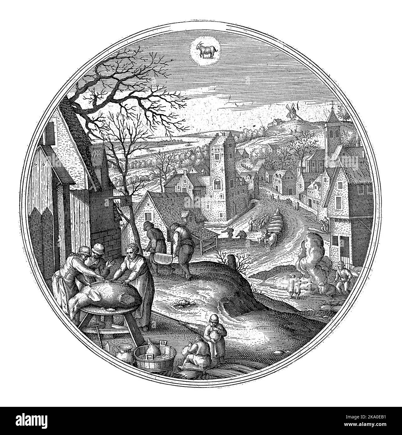 Dicembre, Adriaen Collaert, dopo Hans Bol, 1578 - 1582 cornice rotonda con un paesaggio invernale con scene invernali. Dicembre è il mese della macellazione. Foto Stock