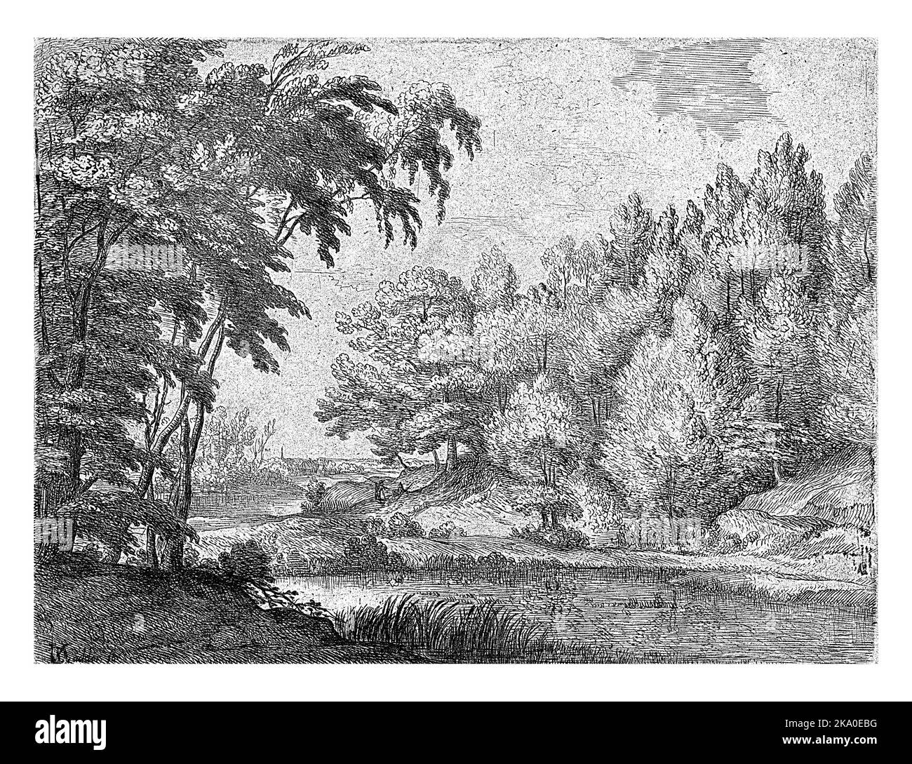Paesaggio con un fiume serpeggiante, Lodewijk de Vadder, 1615 - 1655 paesaggio boscoso con un fiume serpeggiante, due persone sulla riva, un villaggio nel Foto Stock