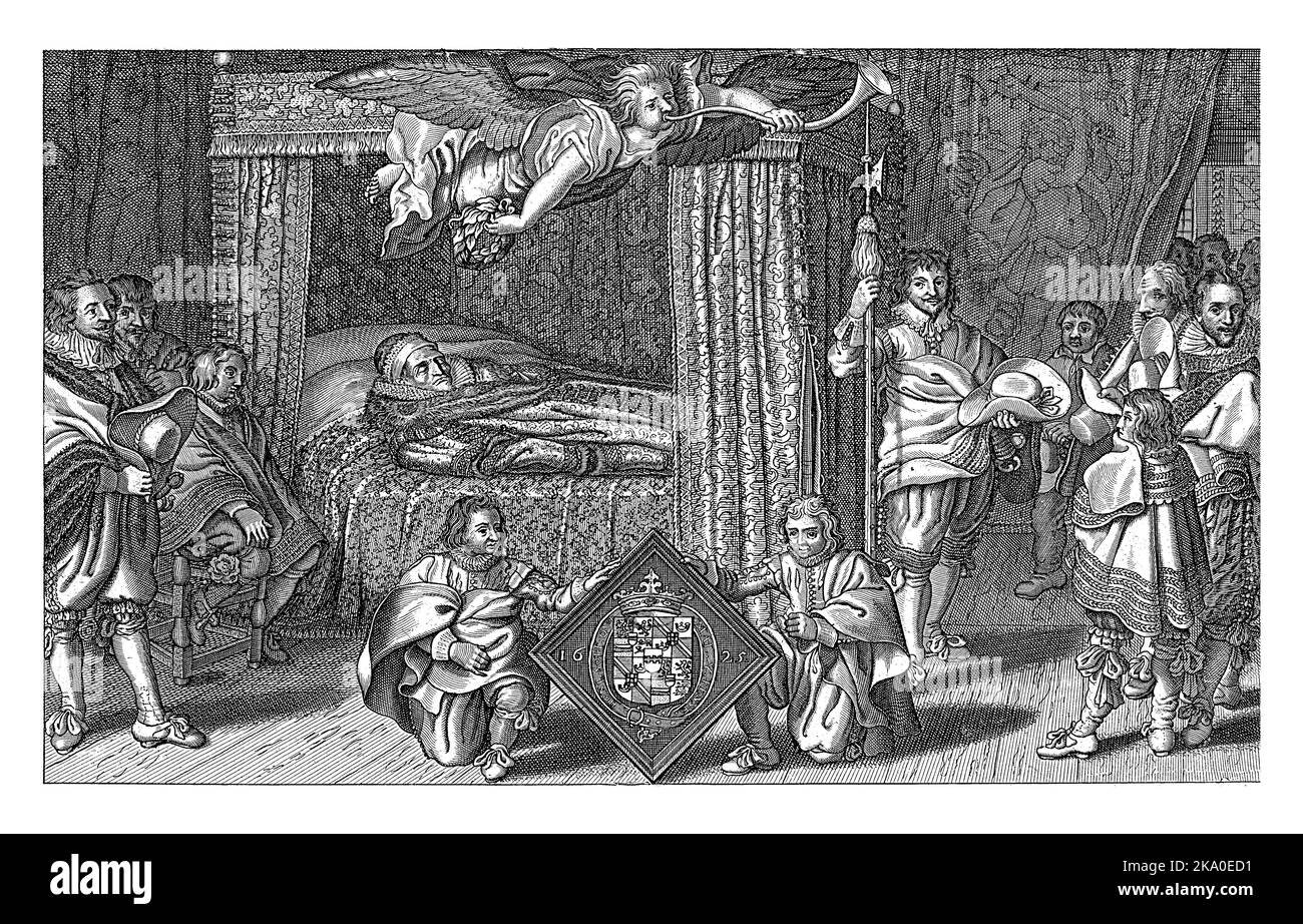 Letto della Parata del Principe Maurits, morto il 23 aprile 1625. Il principe giace in un tabardo sul letto. Foto Stock Letto della Parata del Principe Maurits, morto il 23 aprile 1625. Il principe giace in un tabardo sul letto. Foto Stock